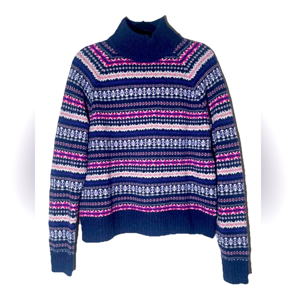 J.Crew Sweater Women's Sz L Blue Fair Isle Wool Turtleneck Nordic Cabincore Roll